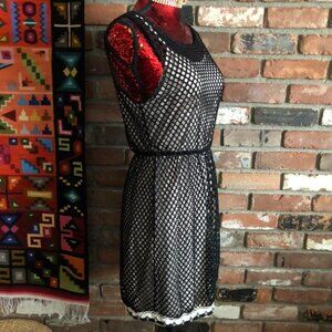 Black MESH Fish Net Over-Lay Nude Slip Pull-Over Sleeveless Midi DRESS M